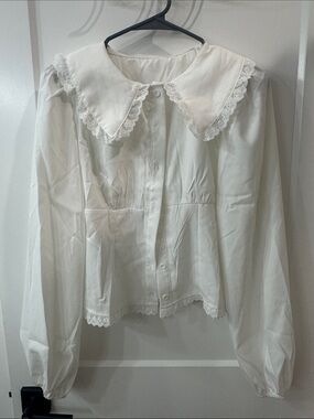 White Lace-Trim Button Front Top